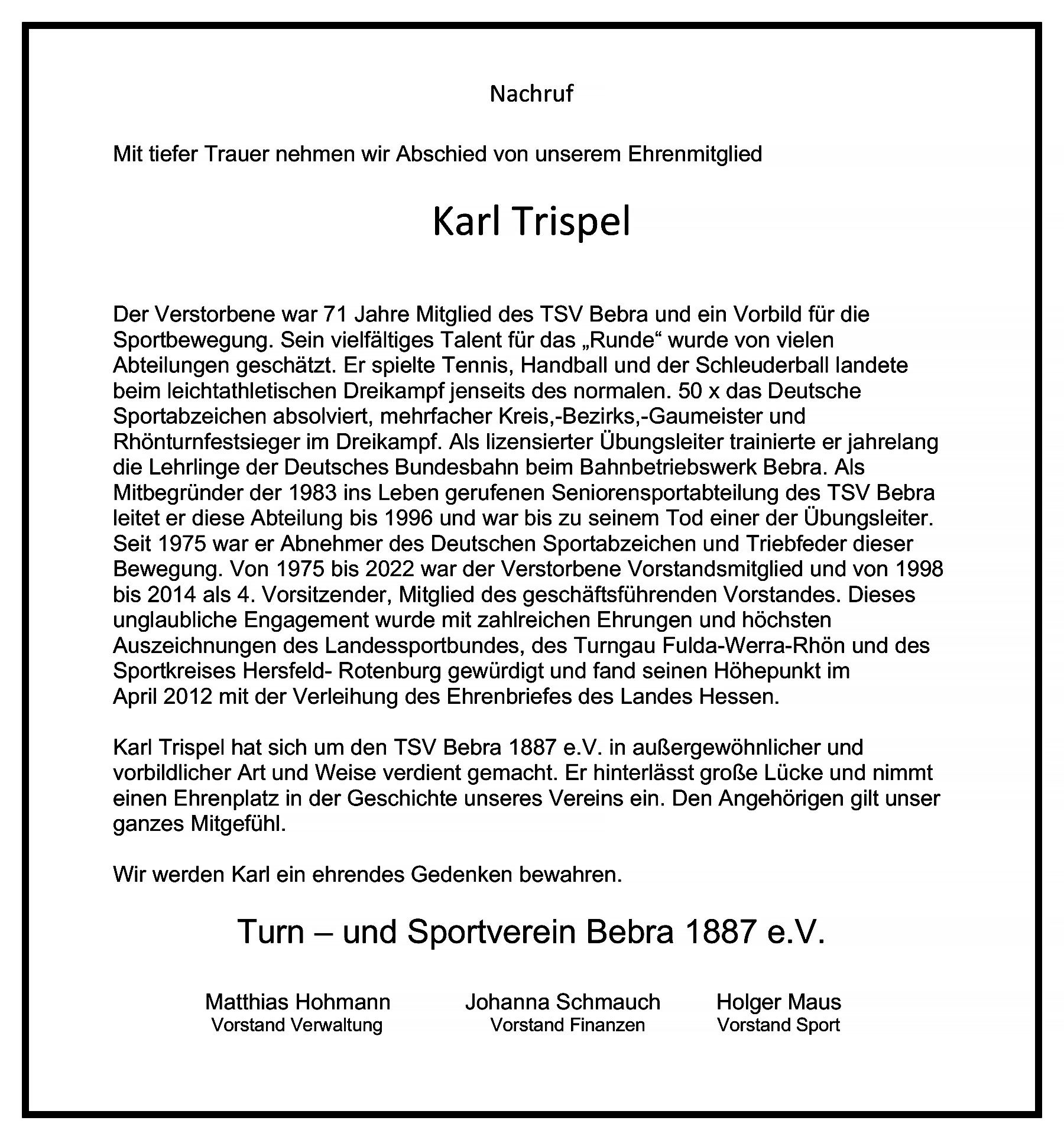 Nachruf Karl Trispel